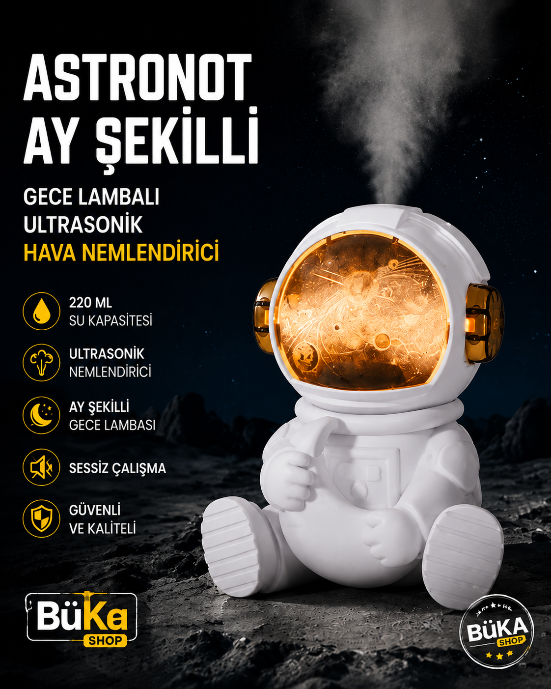 Astronot Ay Şekilli Gece Lambalı 220 ml Ultrasonik Hava Nemlendirici