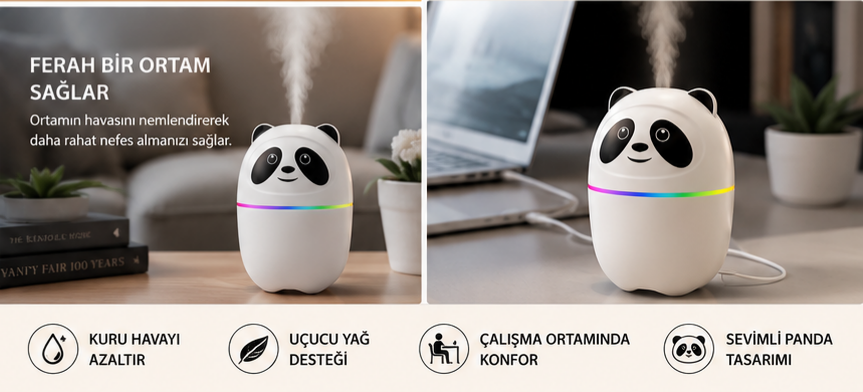 Panda Tasarımlı Mini Buhurdanlık USB Aromaterapi Difüzörü LED Işıklı Sessiz Hava Nemlendirici