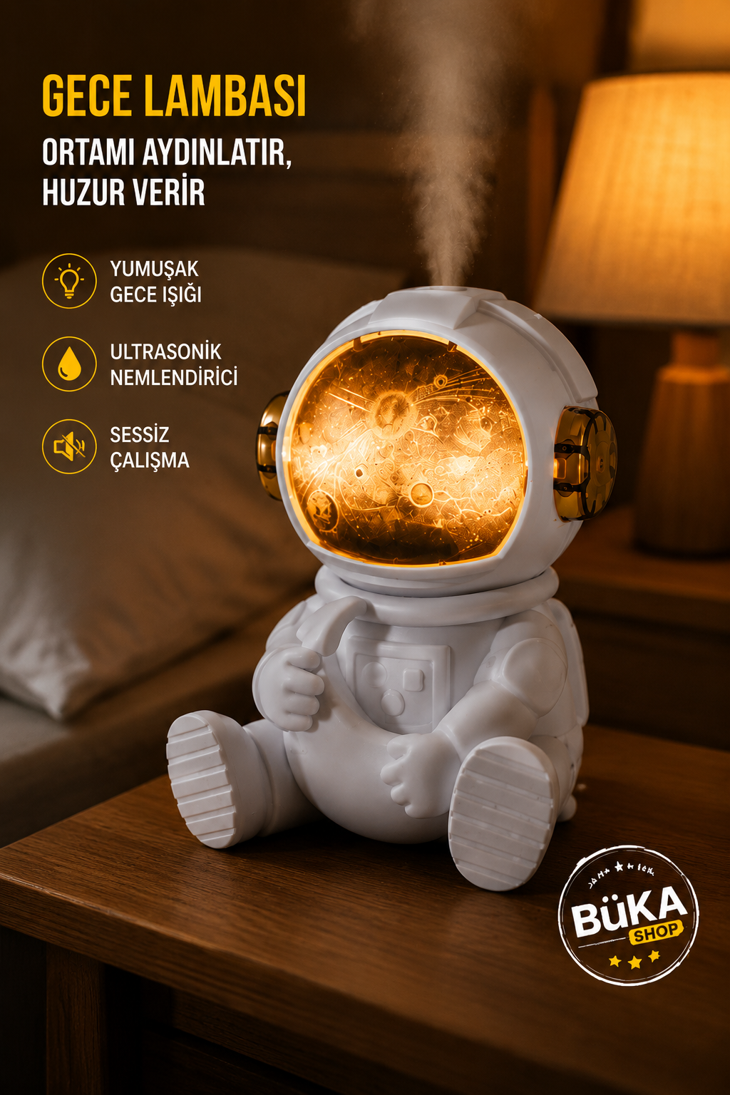 Astronot Ay Şekilli Gece Lambalı 220 ml Ultrasonik Hava Nemlendirici