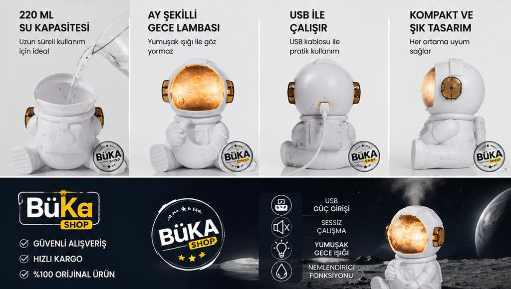 Astronot Ay Şekilli Gece Lambalı 220 ml Ultrasonik Hava Nemlendirici