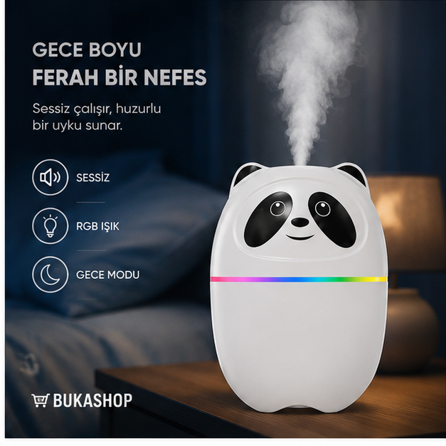 Panda Tasarımlı Mini Buhurdanlık USB Aromaterapi Difüzörü LED Işıklı Sessiz Hava Nemlendirici