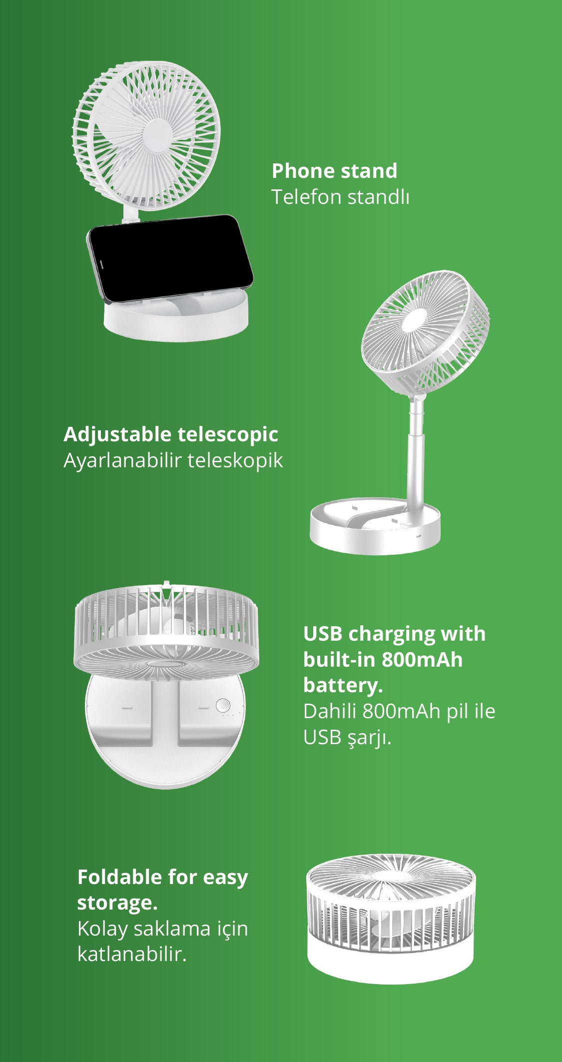 Kiwi Kfan-7608 Şarjlı Beyaz Ayarlanılabilir Mini Fan Masa Üstü Vantilatörü USB Soğutucu Sessiz El Fanı