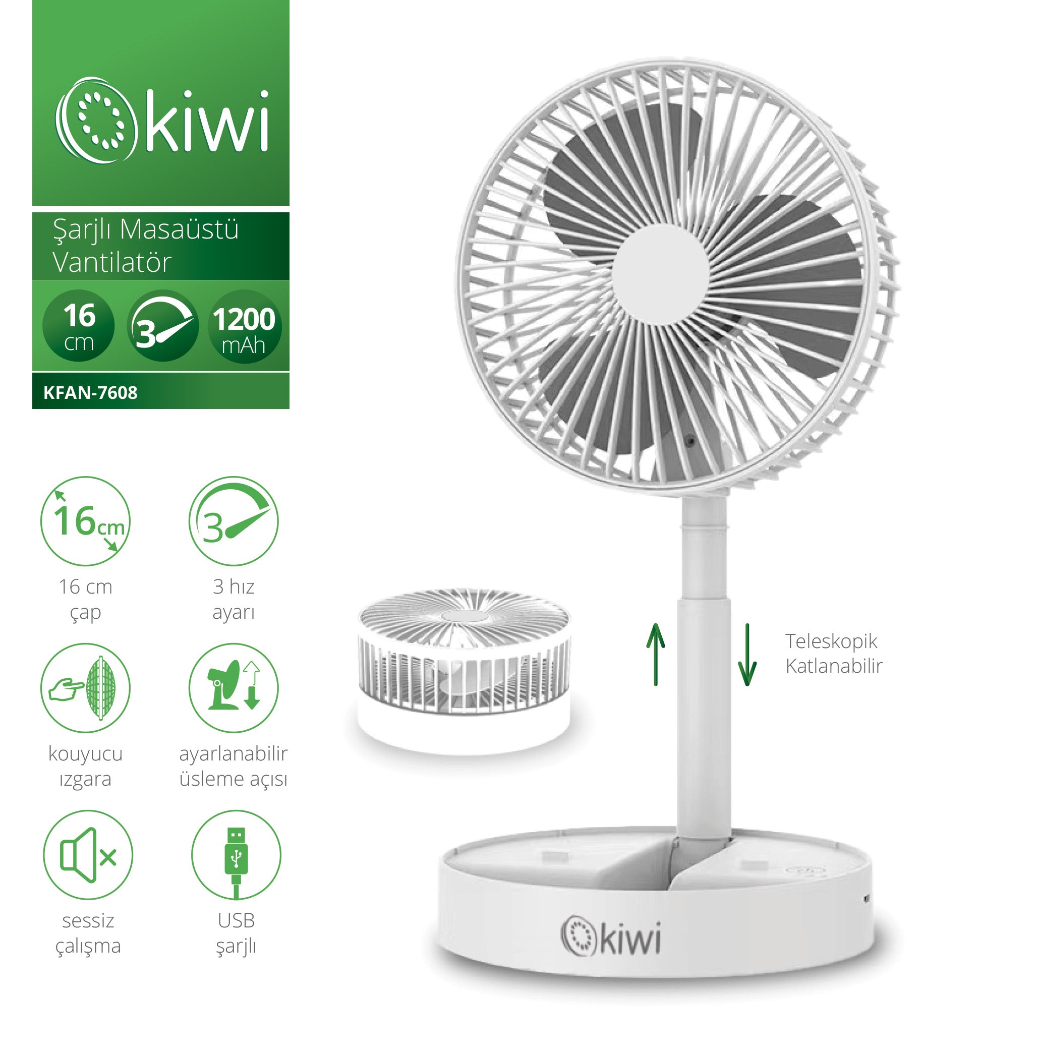 Kiwi Kfan-7608 Şarjlı Beyaz Ayarlanılabilir Mini Fan Masa Üstü Vantilatörü USB Soğutucu Sessiz El Fanı